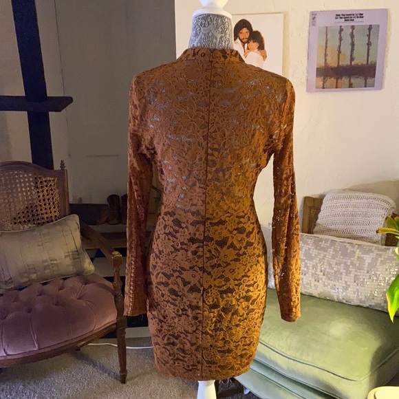 Long Sleeve Lace Gold/ Burnt Orange Midi Dress. - Picture 3 of 5